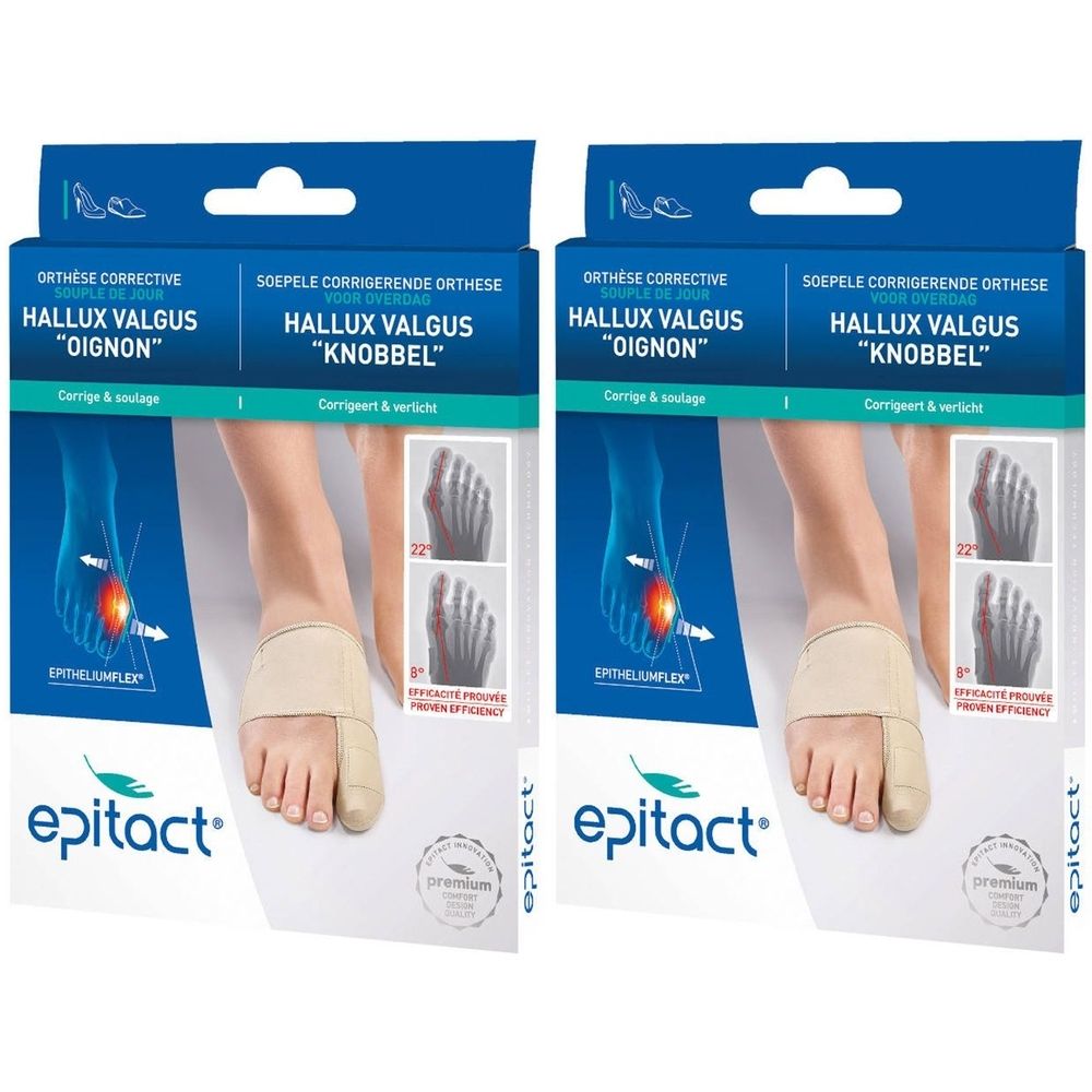 Deux boîtes d'orthèses Epitact® Hallux Valgus. Bandage beige avec protection d'orteil, présenté sur un pied. Emballage avec nom du produit.