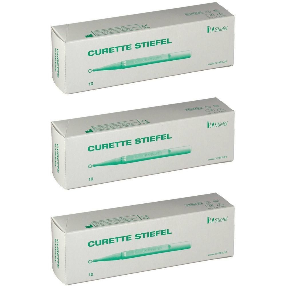 Drie dozen Curette Stiefel. Opschrift: Curette Stiefel, 10. Logo Stiefel. Website.