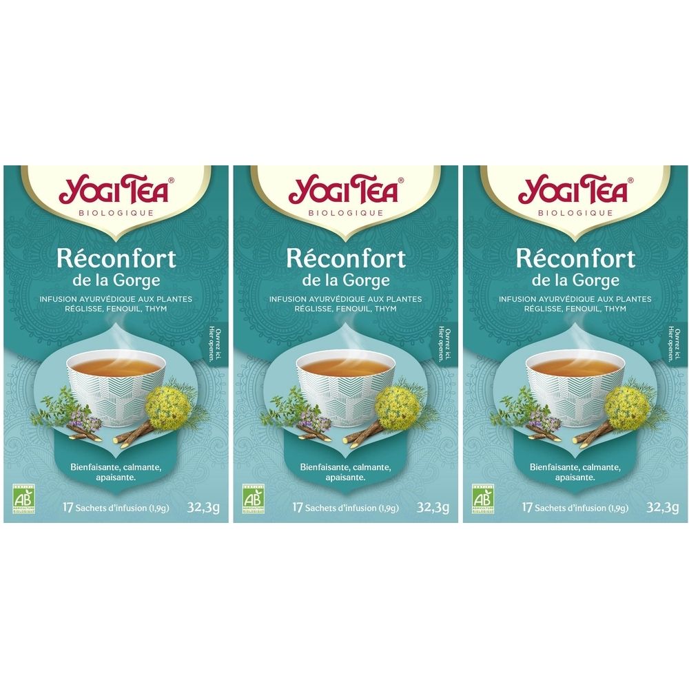 Trois boîtes de Yogi Tea® Réconfort de la Gorge. Emballage bleu turquoise avec image et texte du produit. Label bio.