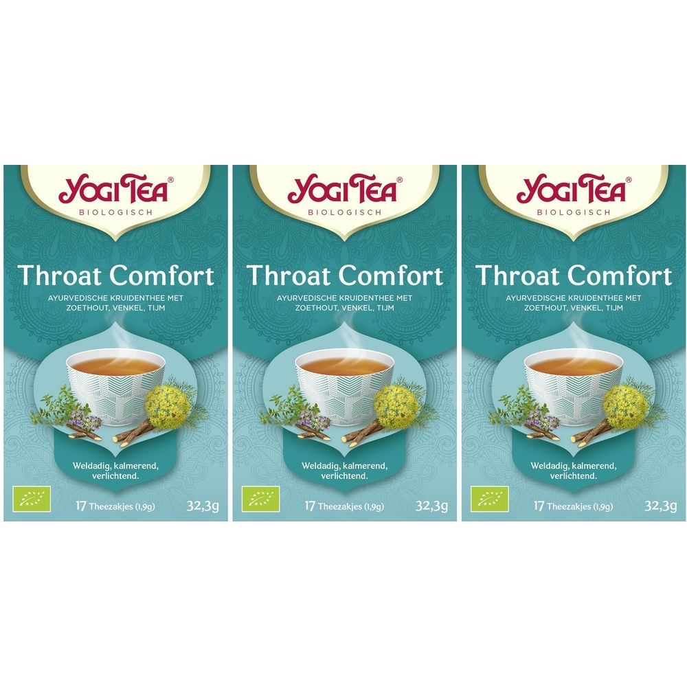 Drie verpakkingen Yogi Tea® Throat Comfort. Turquoise verpakking met illustratie van een kopje thee en tekst.