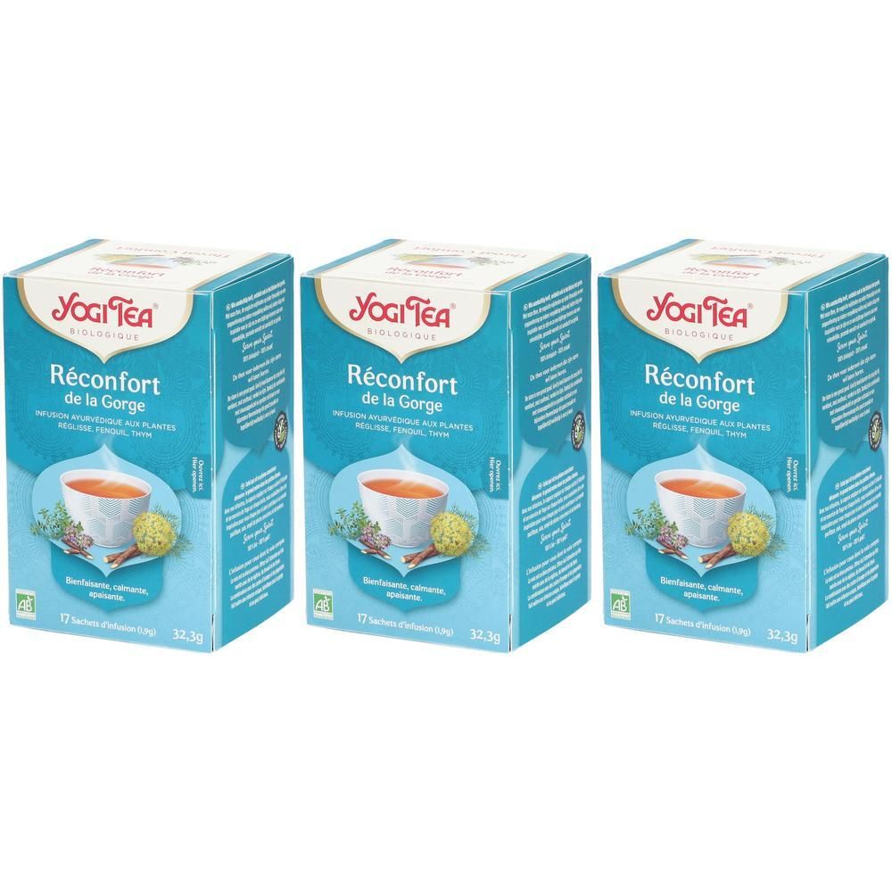 Trois boîtes de Yogi Tea® Réconfort de la Gorge. Emballage bleu turquoise avec image et texte du produit. Label bio.