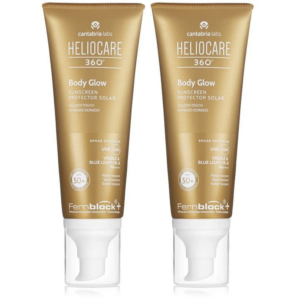 Deux tubes dorés avec pompes blanches. Inscription: Heliocare 360° Body Glow, écran solaire SPF50+. Avec Fernblock+.