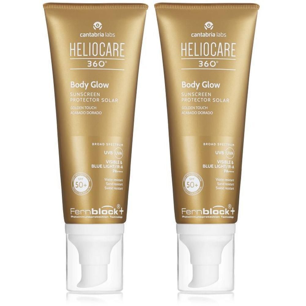 Twee tubes zonnebrandcrème met gouden achtergrond. Opschrift: Heliocare 360° Body Glow SPF50+. Met witte dispenser en transparante dop.