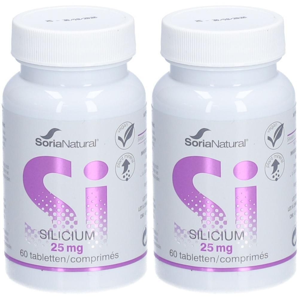 Twee flessen Soria Natural Silicium 25 mg. Witte flessen met paarse tekst. 60 tabletten per fles.