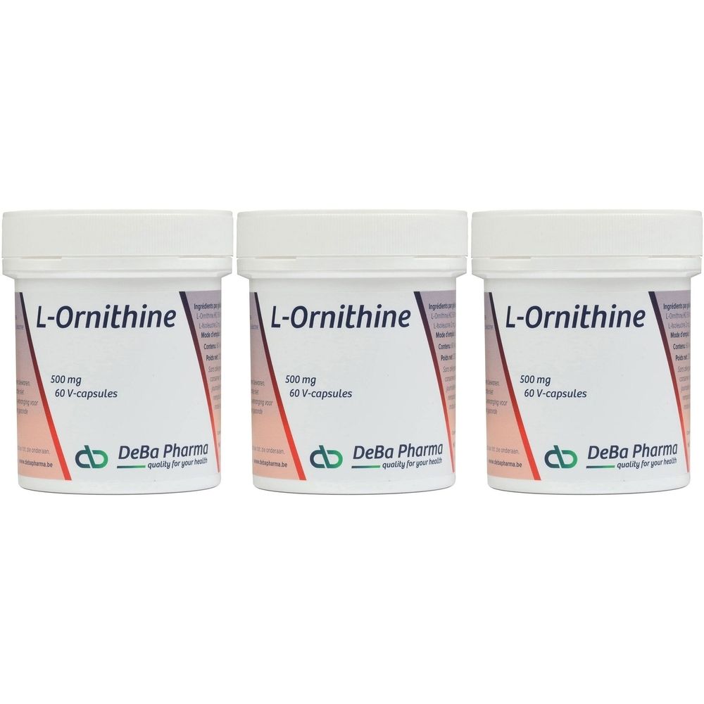 Trois boîtes blanches avec "L-Ornithine". Chaque boîte contient 500 mg et 60 capsules. Le logo DeBa Pharma est visible.