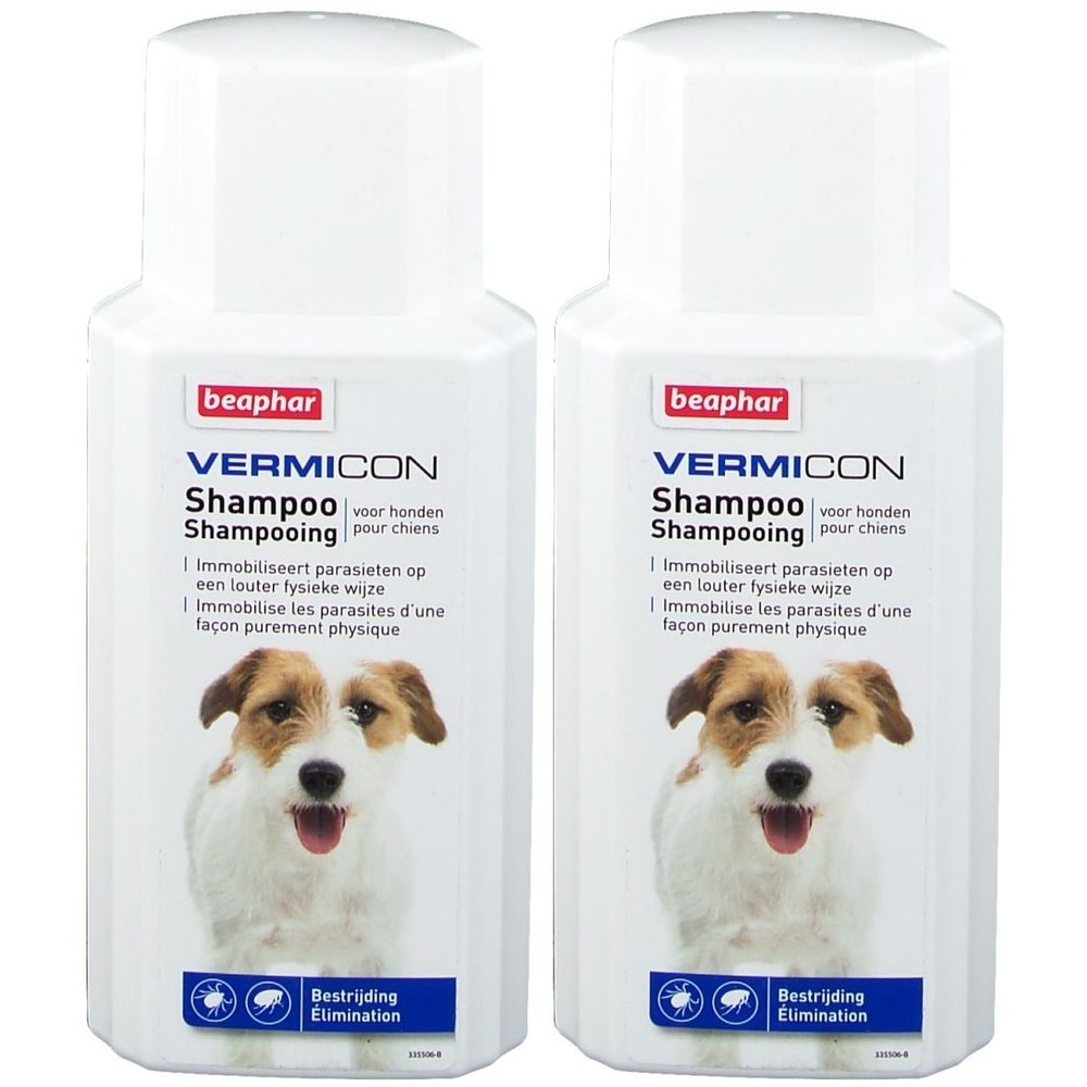 Twee witte flessen met etiketten. Opschrift: Beaphar Vermicon Shampoo voor honden. Afbeelding van een hond.