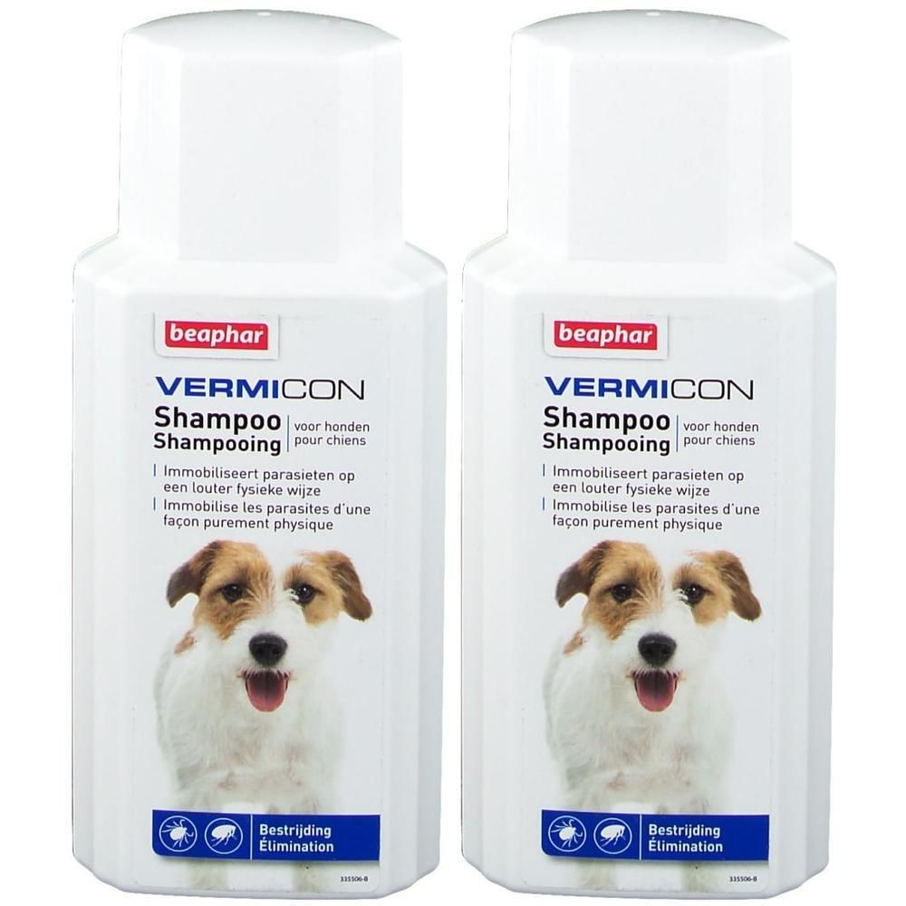 Deux flacons blancs "beaphar VERMICON Shampooing" avec étiquette et photo de chien. Texte en allemand, français et néerlandais.