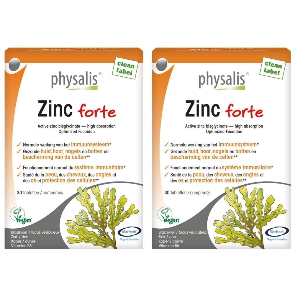 Deux boîtes de Physalis Zinc Forte. Inscription : Zinc forte, 30 comprimés. Avec logo Vegan et label de propreté.