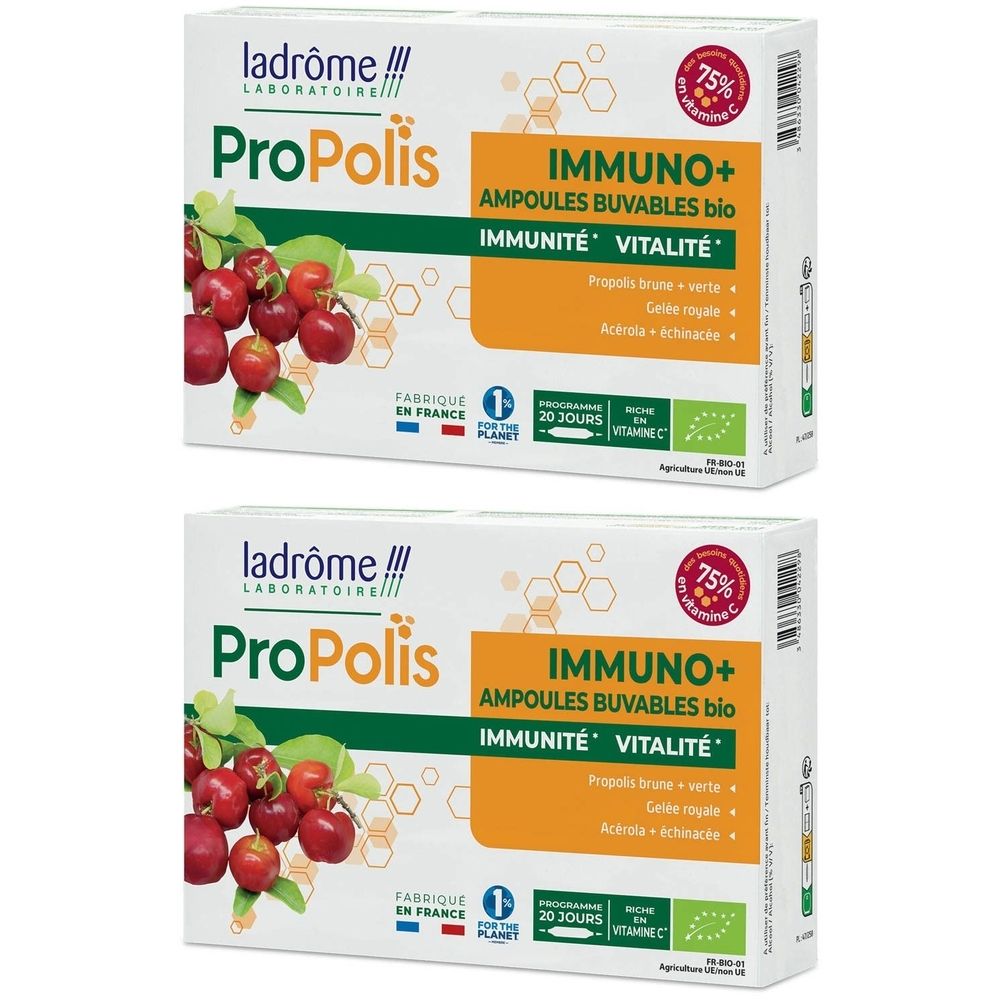 Deux boîtes de Ladrôme ProPolis Immuno+. Emballage blanc avec nom du produit, illustrations et texte. Certification bio.