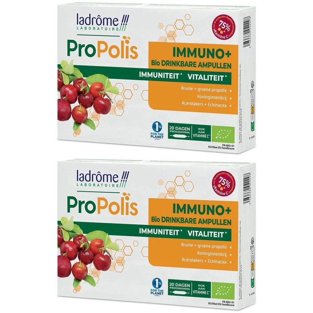 Twee dozen Ladrôme ProPolis Immuno+. Witte verpakking met productnaam, illustraties en tekst. Bio-certificering.