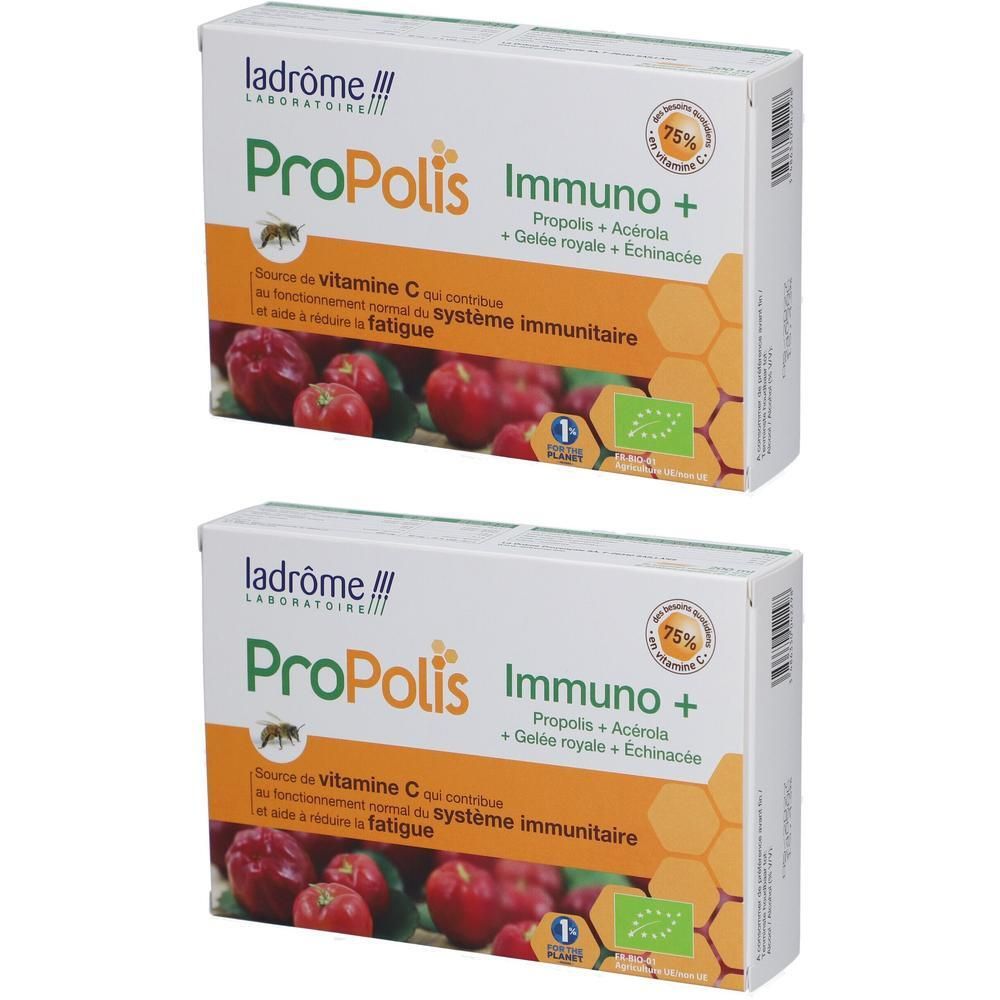 Twee dozen met productopdrukken. Opschrift: ProPolis Immuno+. Bevat Propolis, Acerola, Koninginnengelei en Echinacea. Bio-certificering.