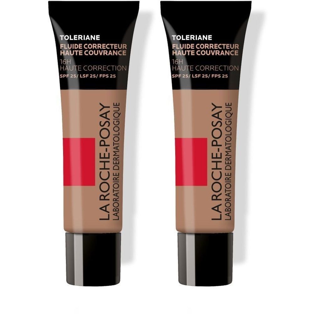 Deux tubes de La Roche-Posay Toleriane Fluide Correcteur. Tube beige, bouchon noir, bande rouge. Texte.