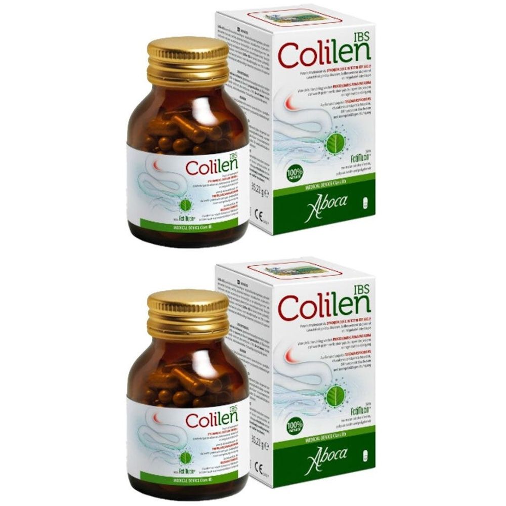 Twee flessen en dozen van Colilen IBS. Bruine glazen flessen met gouden doppen en witte dozen met groene accenten.