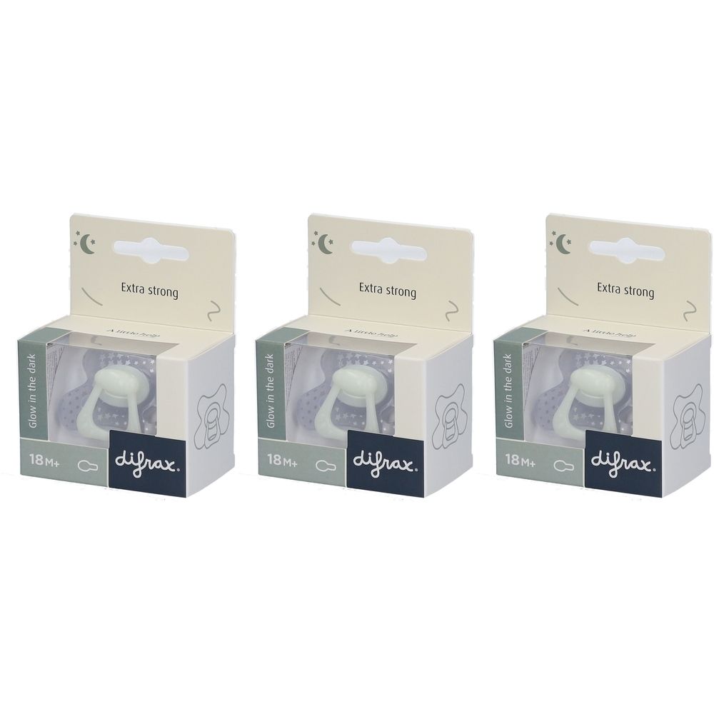 Trois boîtes de sucettes. Chaque boîte présente une sucette dans un emballage blister transparent. Marque : difrax.