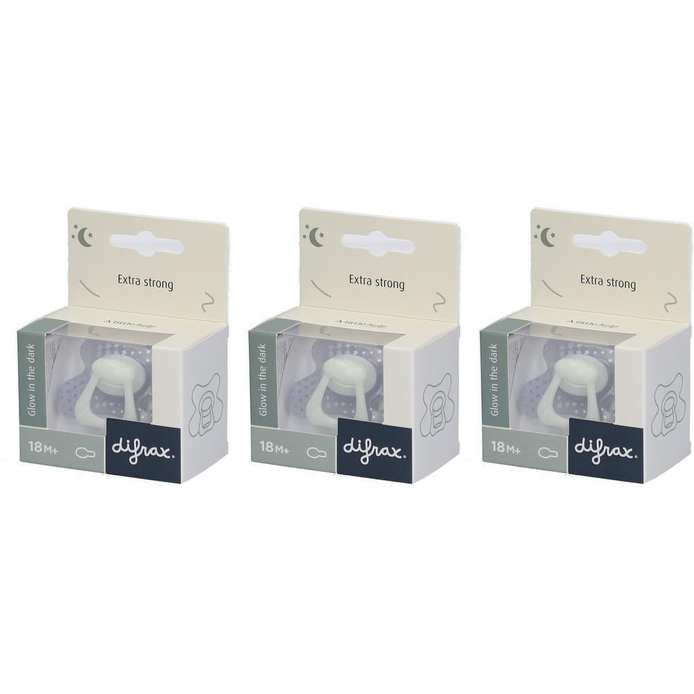 Drie verpakkingen fopspenen. Elke verpakking toont een fopspeen in een doos. Op de doos staat "difrax."