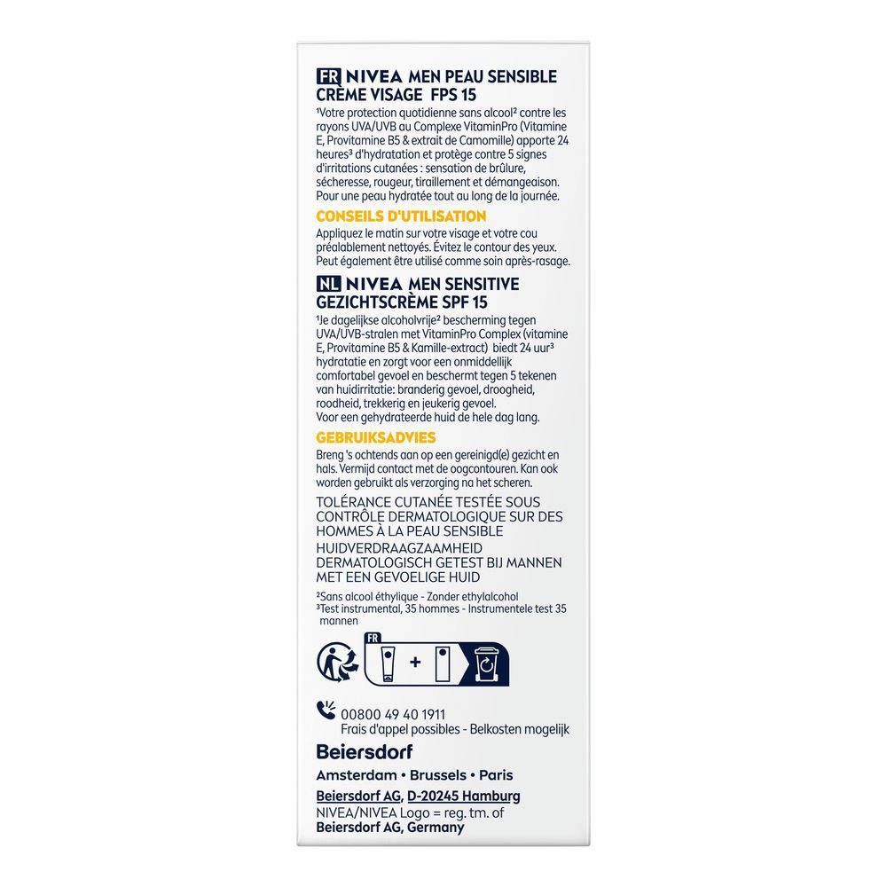 Achterkant van de verpakking. Tekst in het Frans en Nederlands. Informatie over gebruik en ingrediënten. Contactgegevens.