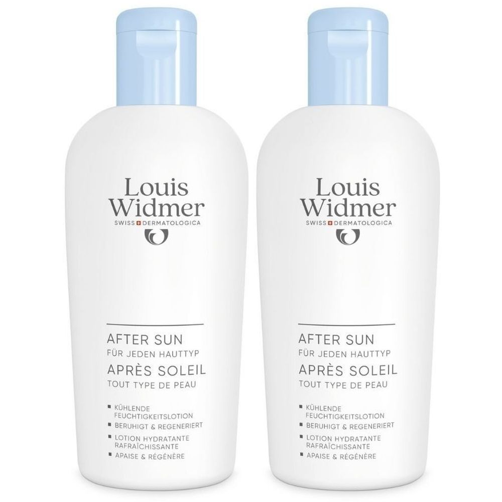 Deux flacons blancs avec bouchon bleu. Inscription: Louis Widmer, Après Soleil, tout type de peau. Lotion hydratante rafraîchissante.