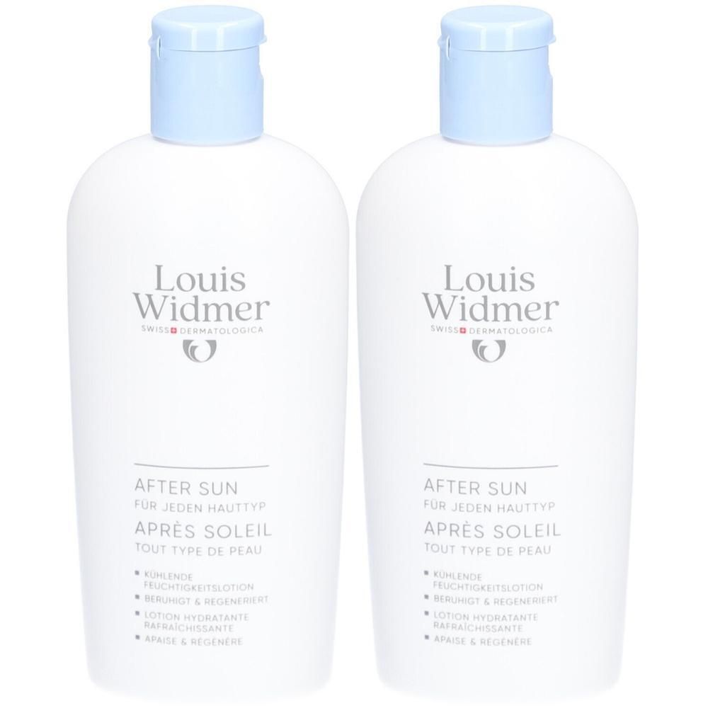 Deux flacons blancs Louis Widmer Après Soleil. Bouchon bleu clair. Inscriptions et nom du produit sur le devant.