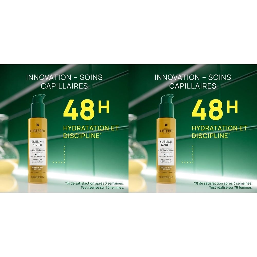 Flacon jaune avec pompe verte. Texte: "Sublime Karité Lait Disciplinant". Inscription: "48H Hydratation et Discipline".