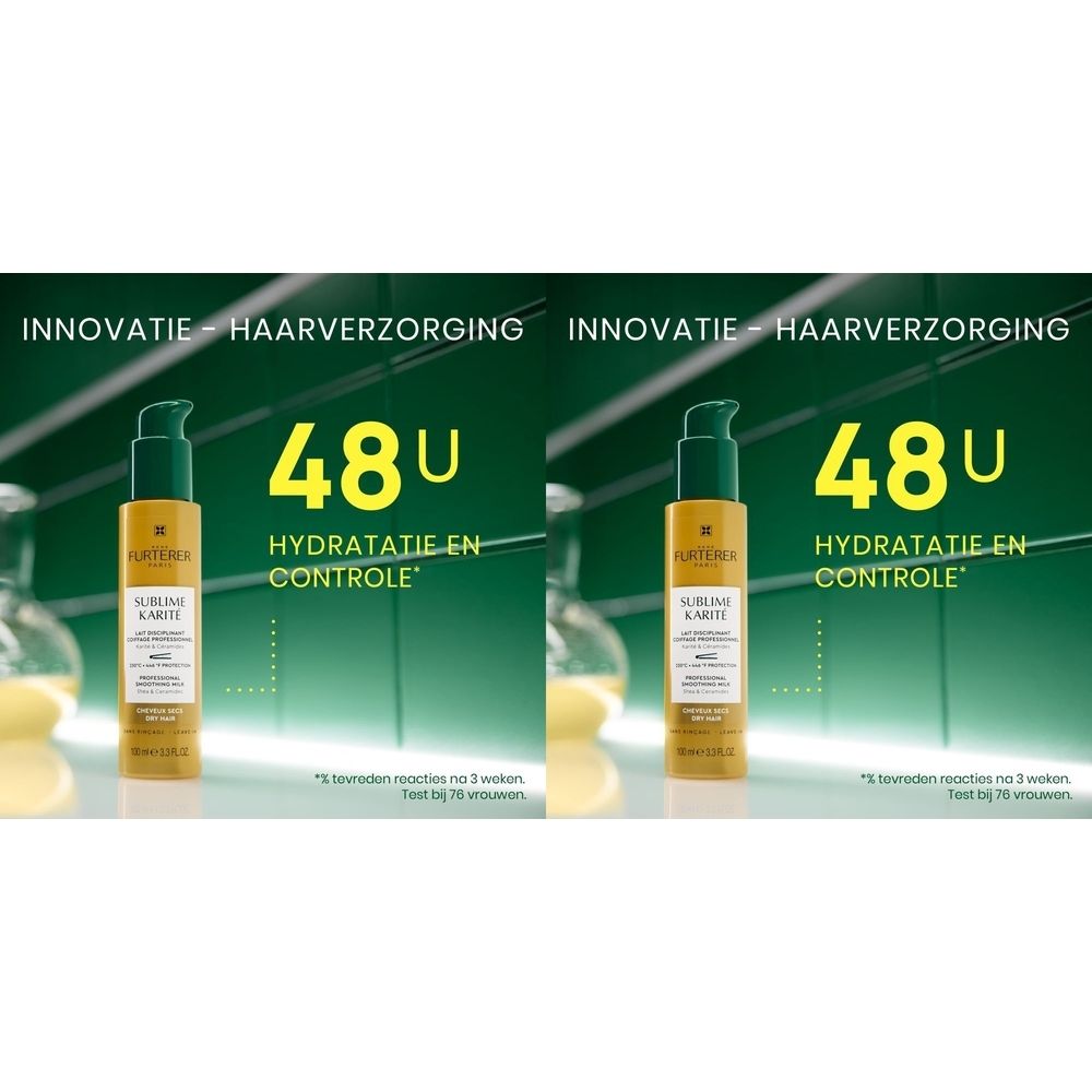 Gele fles met groene pomp. Tekst: "Sublime Karité Lait Disciplinant". Opschrift: "48U Hydratatie en Controle".