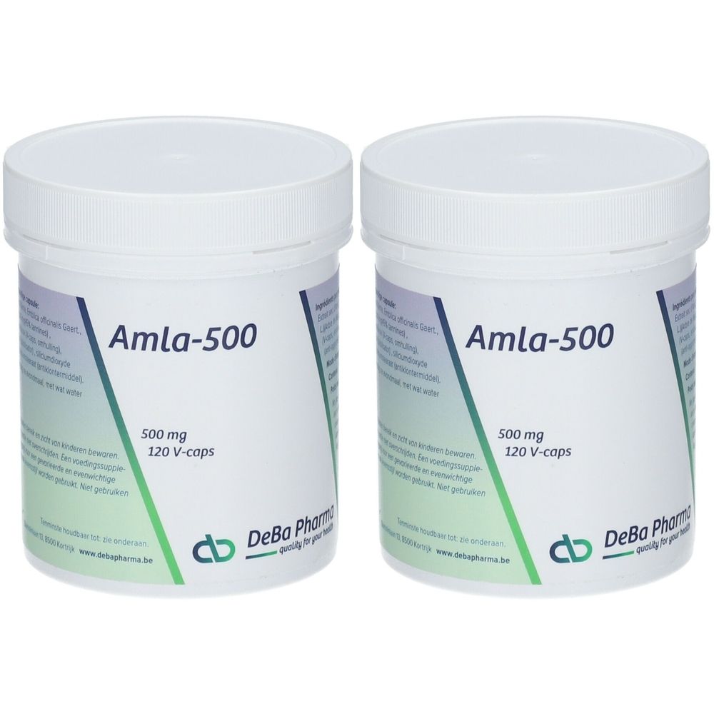 Deux pots blancs avec couvercles. Inscription Amla-500, 500 mg, 120 V-caps. Logo DeBa Pharma.