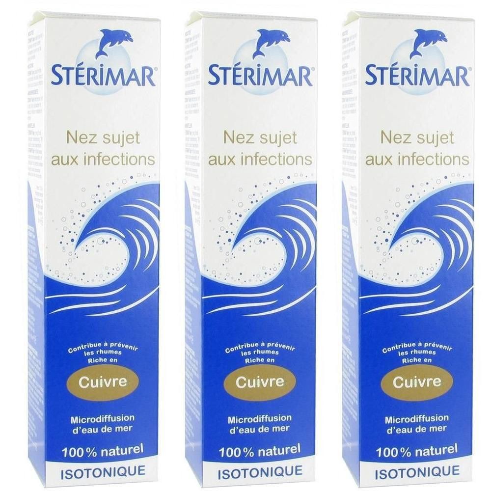 Drie dozen met productopdruk. Logo met dolfijn bovenaan. Tekst: Nez sujet aux infections, Cuivre, Microdiffusion d'eau de mer, 100% naturel, ISOTONIQUE.
