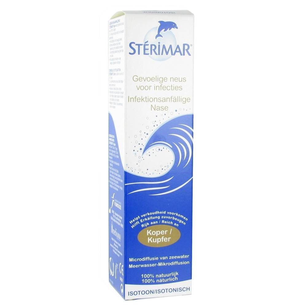 Productverpakking met logo en tekst: Gevoelige neus voor infecties, Koper / Kupfer, Microdiffusion van zeewater, 100% natuurlijk, ISOTOON/ISOTONISCH.