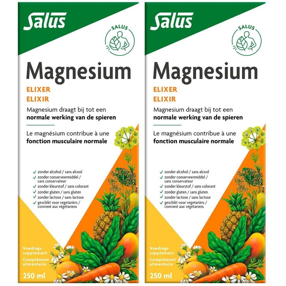 Twee flessen Salus Magnesium Elixir. Opschrift: Magnesium, Elixir. Bevat fruit en groenten. 250 ml.