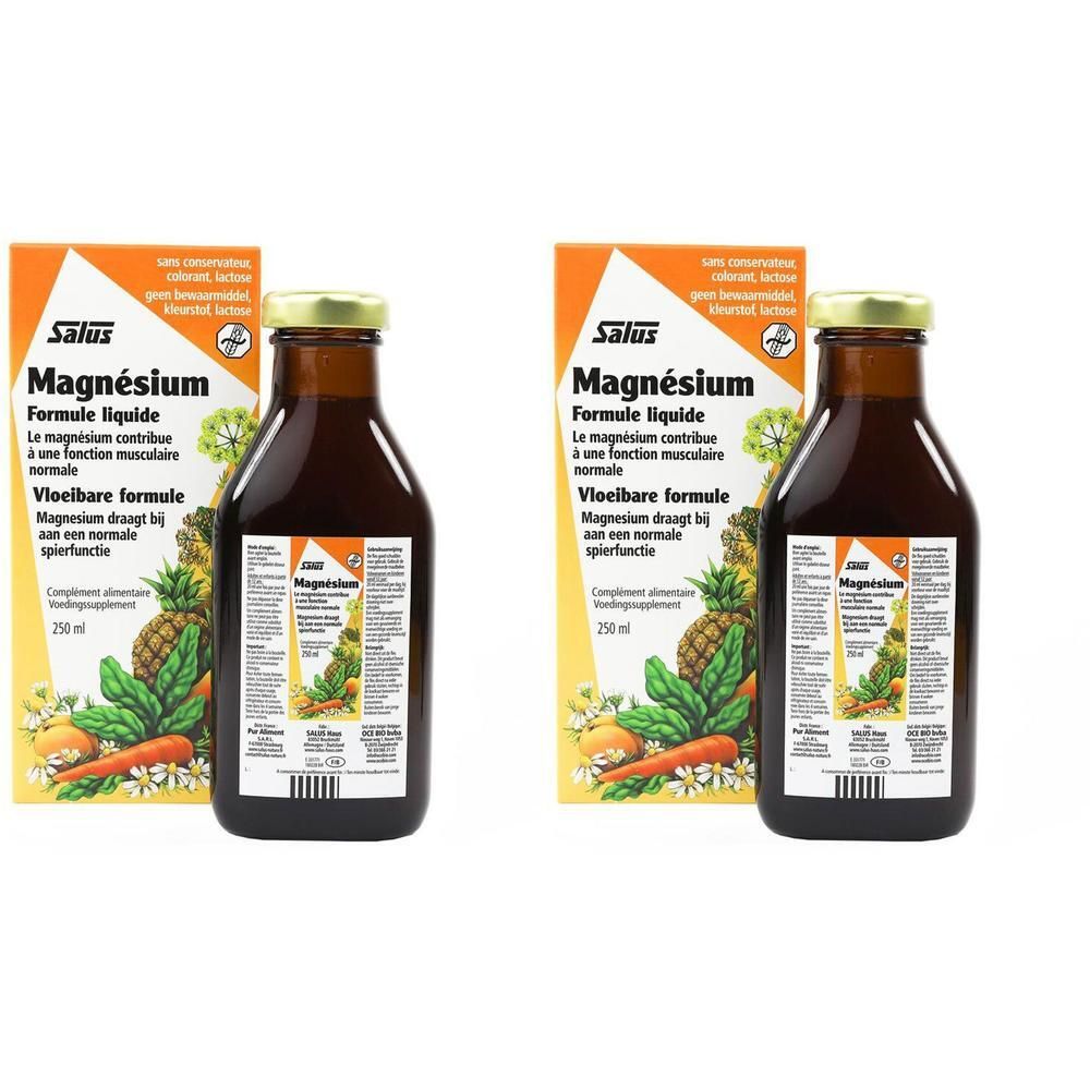 Twee flessen Salus Magnesium Formule liquide met verpakking. Bruine flessen, gouden dop, 250 ml. Opschriften.