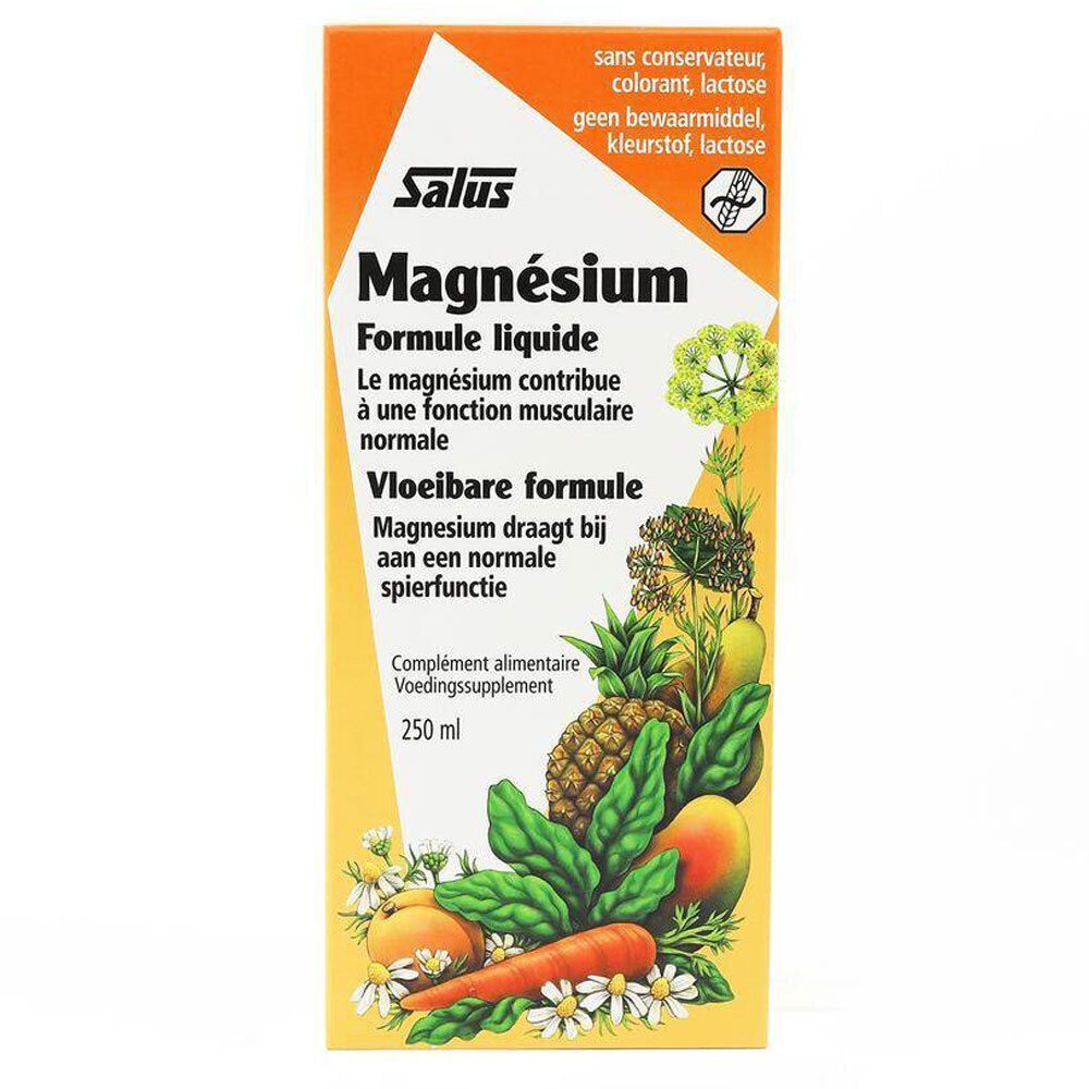 Verpakking Salus Magnesium Formule liquide. Oranje, met afbeelding en tekst. 250 ml. Zonder conserveermiddel.
