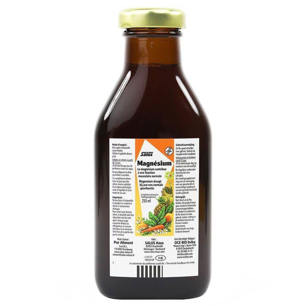 Bruine fles Salus Magnesium Formule liquide. Gouden dop, 250 ml. Etiket met productinformatie.