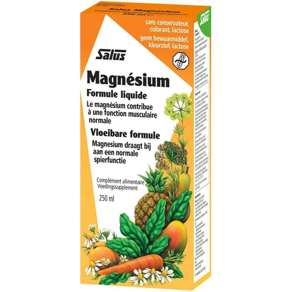 Verpakking Salus Magnesium Formule liquide. Oranje, met afbeelding en tekst. 250 ml. Zonder conserveermiddel.