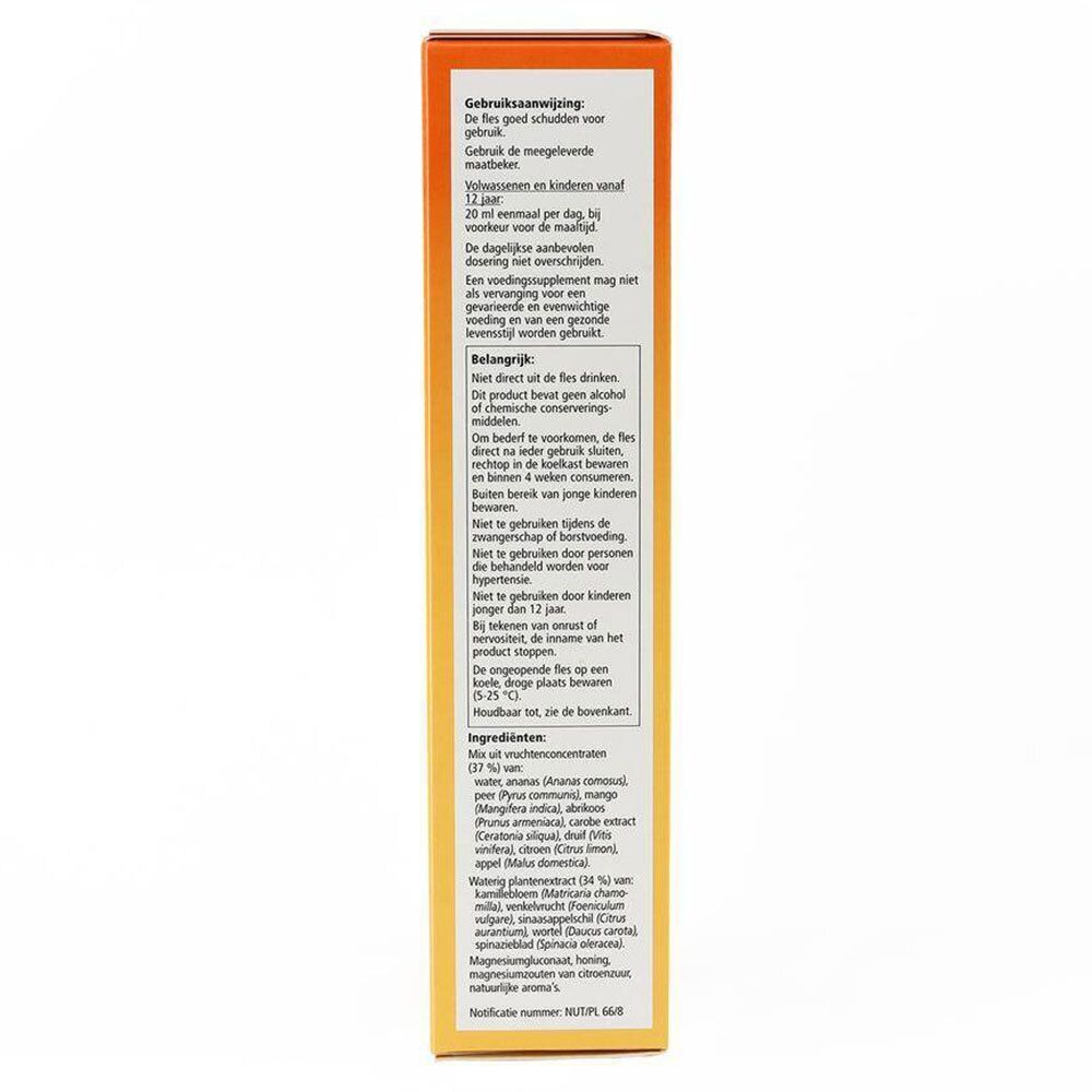 Zijkant van de verpakking Salus Magnesium Formule liquide. Meertalige tekst. Gebruiksaanwijzing en ingrediënten.