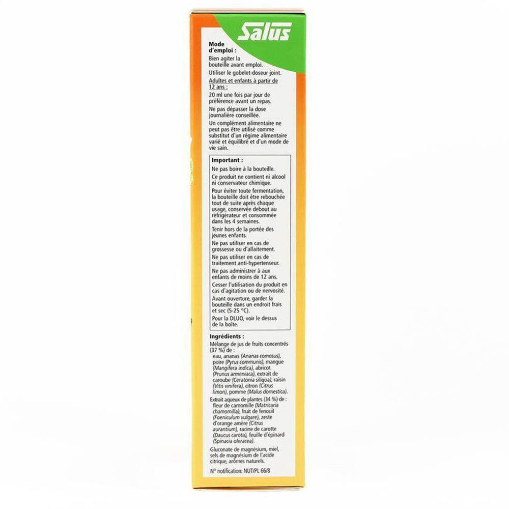 Zijkant van de verpakking Salus Magnesium Formule liquide. Meertalige tekst. Gebruiksaanwijzing en ingrediënten.
