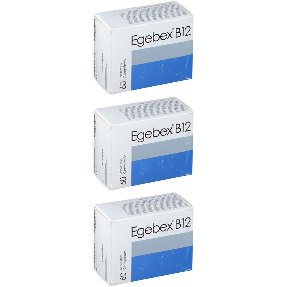 Trois boîtes d'Egebex B12, chacune contenant 60 comprimés. Boîtes blanches avec des accents bleus et gris.