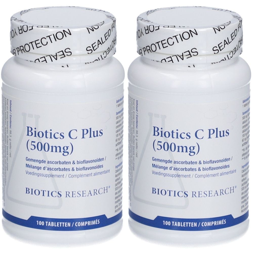 Deux flacons blancs avec « Biotics C Plus (500mg) ». Inscription : « BIOTICS RESEARCH ». Bouchon avec « SEALED FOR PROTECTION ».