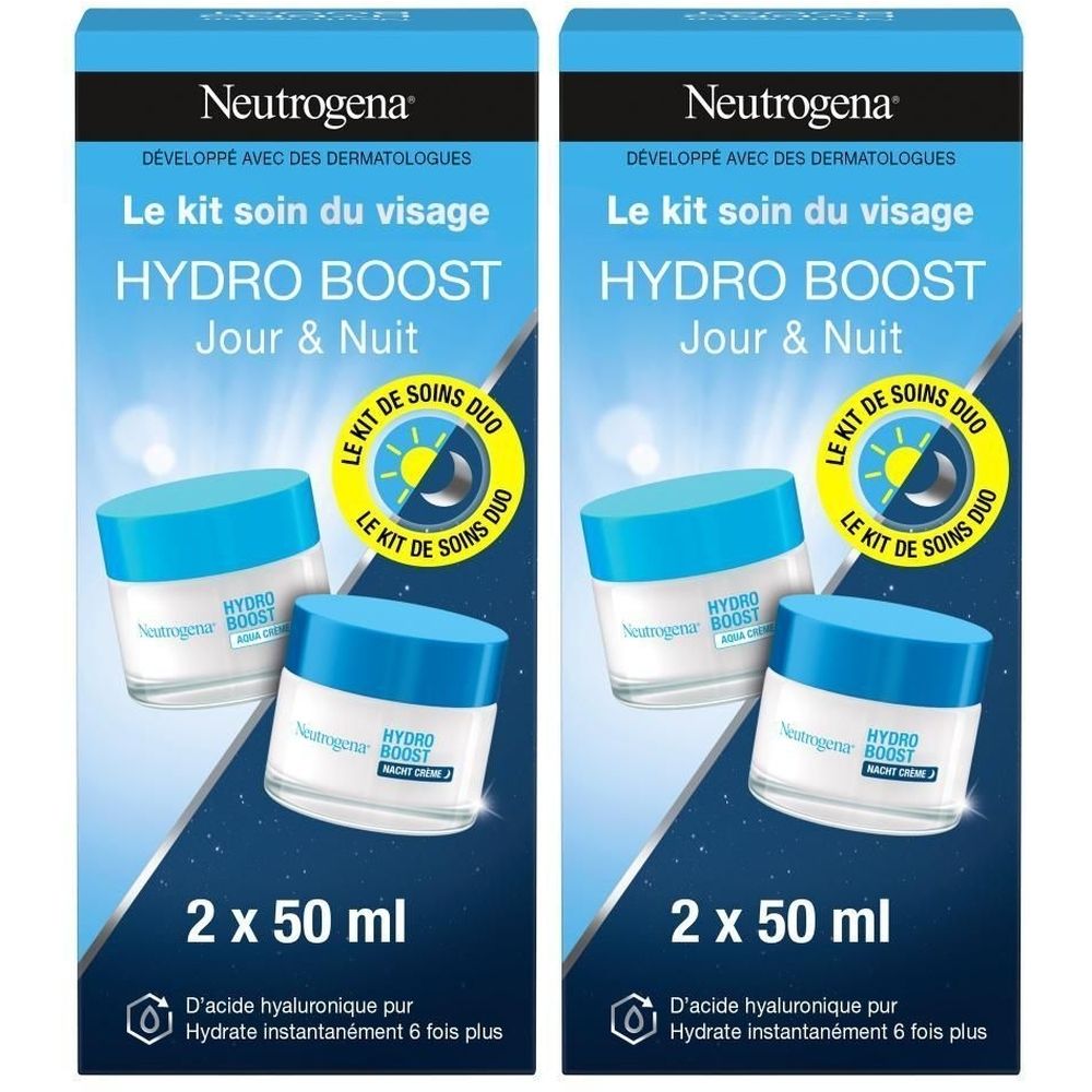 Deux coffrets de soins du visage. Chaque coffret contient deux pots avec des couvercles bleus et le nom du produit. Texte : Hydro Boost Jour & Nuit.
