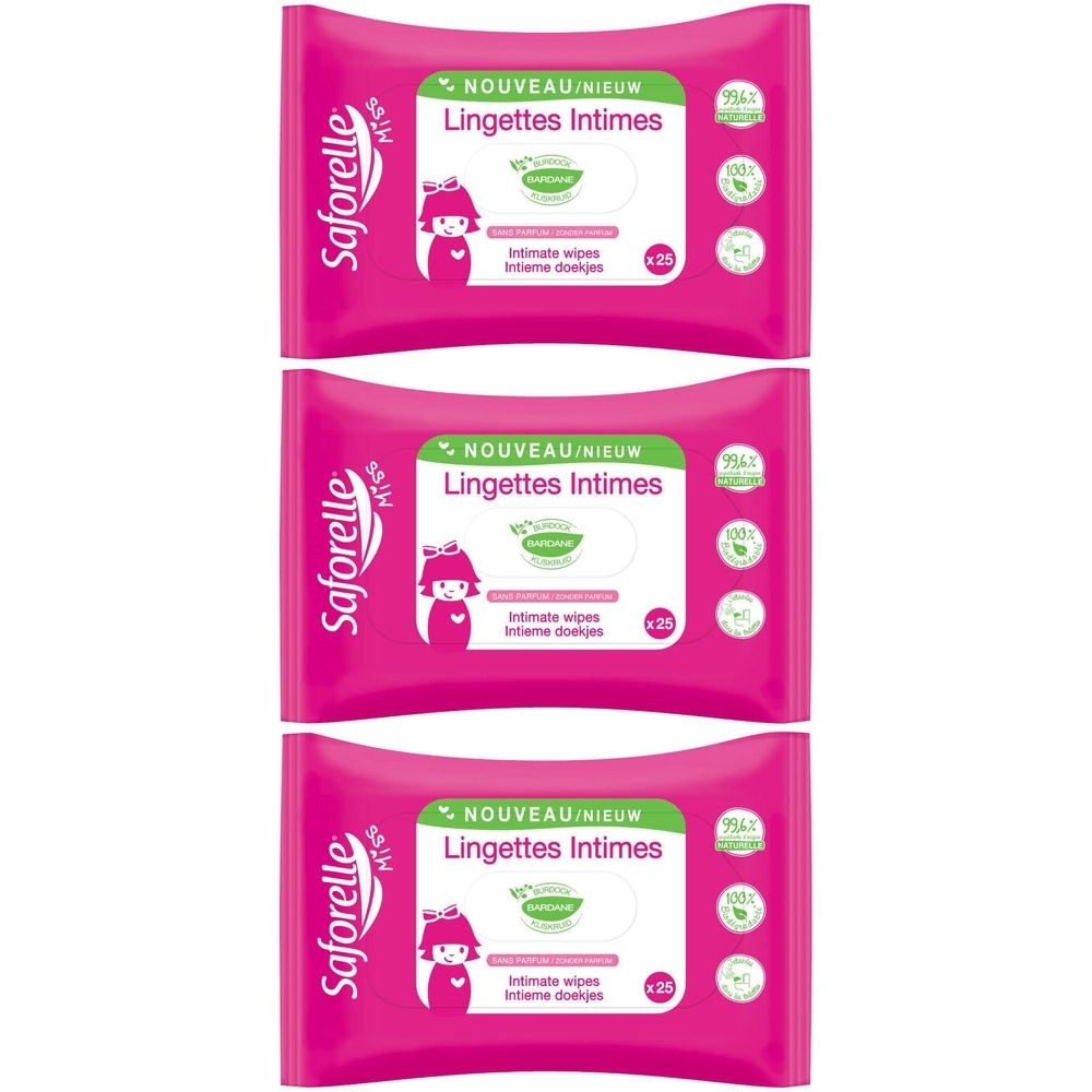 Trois paquets de lingettes intimes roses. Marque et logo visibles. Inscription : Lingettes Intimes, 25 unités.