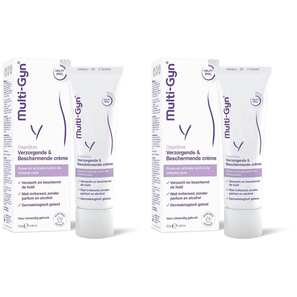 Twee tubes en dozen. Opschrift: Multi-Gyn, Verzorgende & Beschermende crème. Wit, paarse tekst.