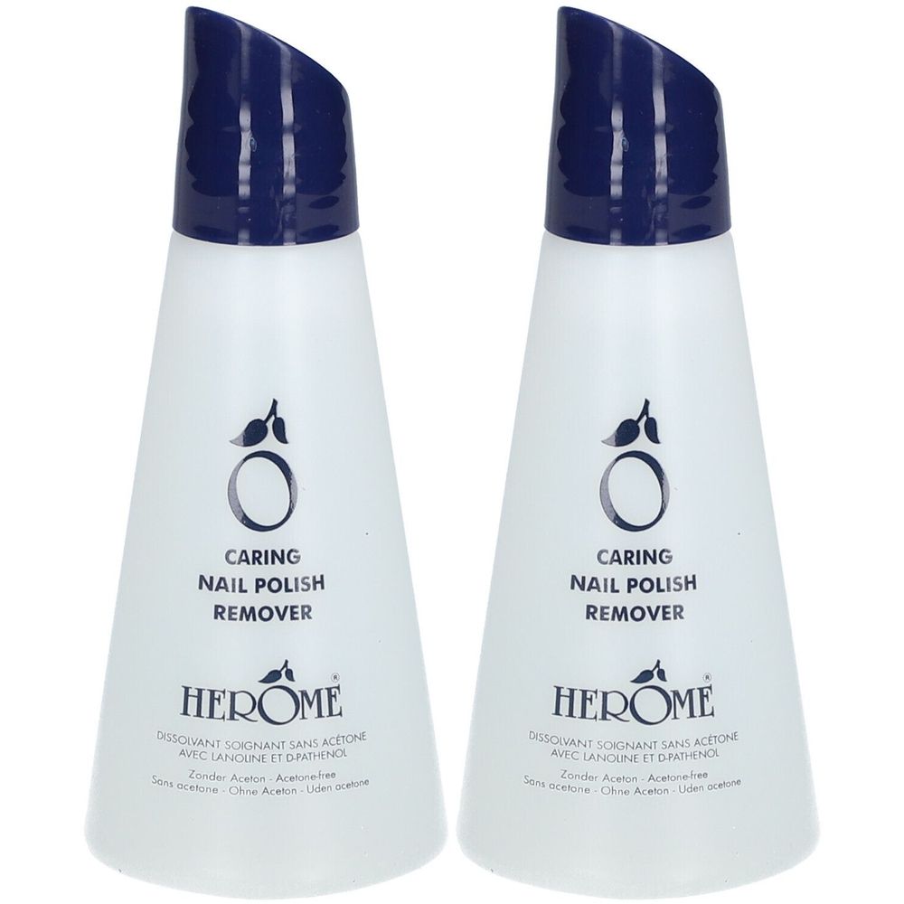 Deux flacons de dissolvant pour vernis à ongles. Flacons blancs avec bouchons bleu foncé. Inscription: Caring Nail Polish Remover, Herome.