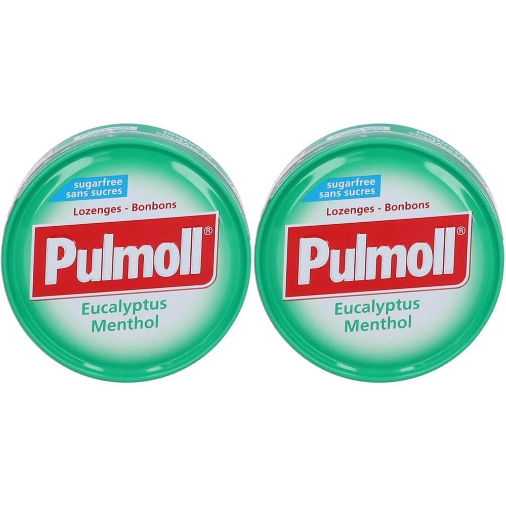 Twee groene pastilles blikken. Opschrift: Pulmoll, Eucalyptus Menthol, suikervrij. Ronde vorm.
