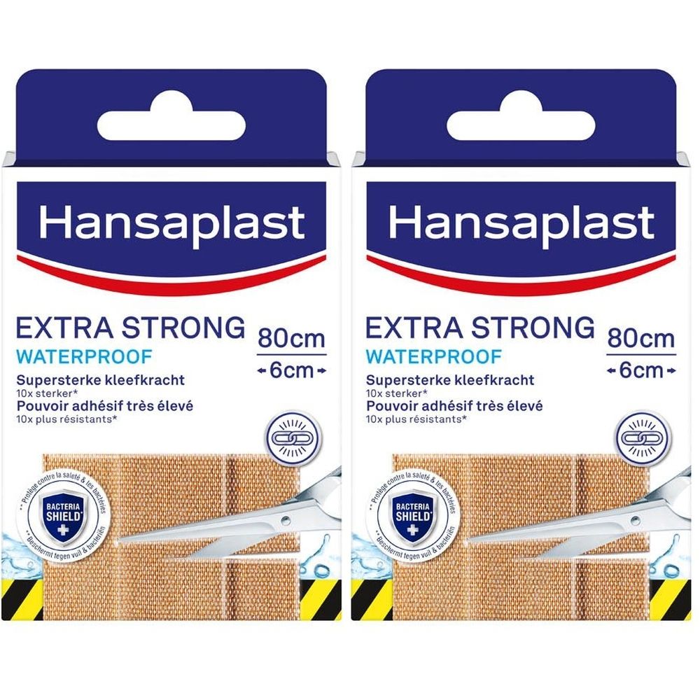 Deux boîtes de pansements Hansaplast. Inscription : EXTRA STRONG, WATERPROOF. Dimensions : 80cm x 6cm. Logo de protection bactérienne.