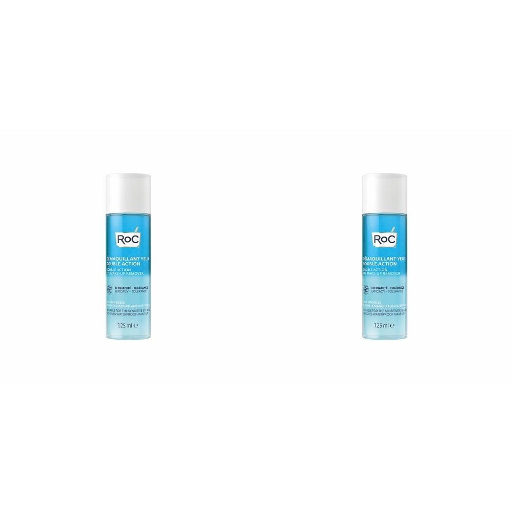 Twee flacons RoC Démaquillant Yeux Double Action. Blauwe vloeistof in cilindrische containers met witte dop. Productnaam en logo zichtbaar.