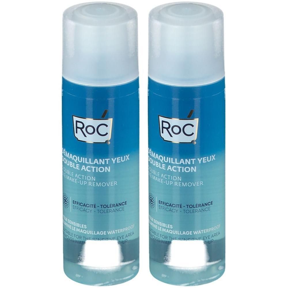 Twee flessen RoC® Démaquillant Yeux Double Action. Blauwe vloeistof, witte dop. Tekst: "Efficacité - Tolérance".