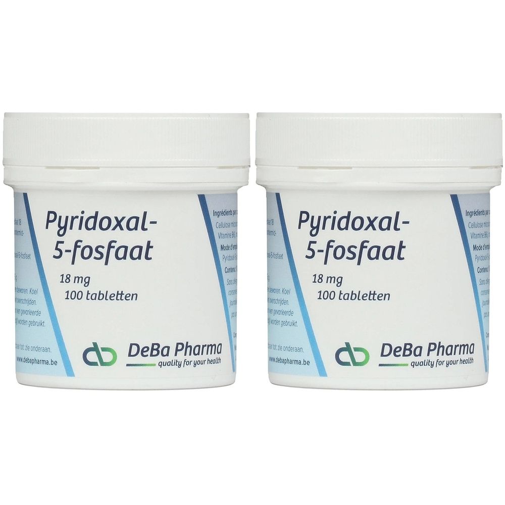 Twee witte potten met de tekst Pyridoxal-5-fosfaat, 18 mg, 100 tabletten. Merk DeBa Pharma. Kwaliteit voor uw gezondheid.