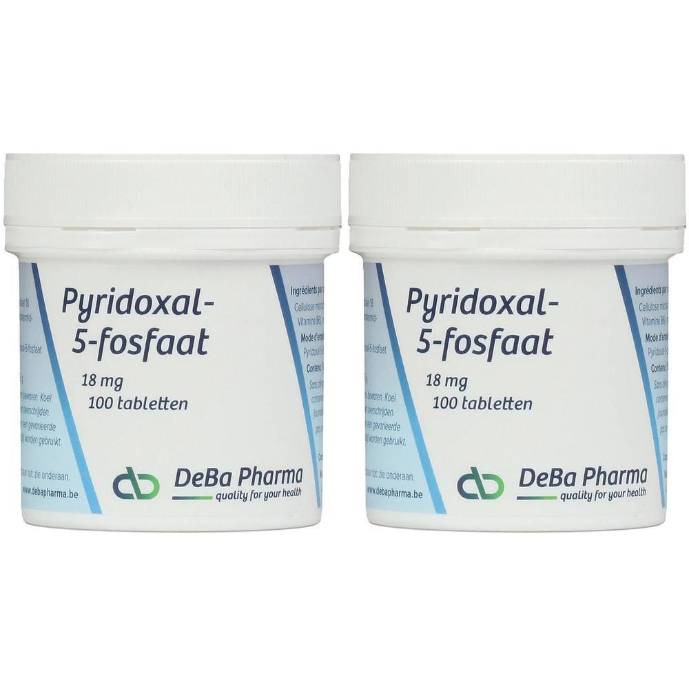 Twee witte tablettencontainers met opschrift Pyridoxal-5-fosfaat 18 mg, 100 tabletten. Merk DeBa Pharma.