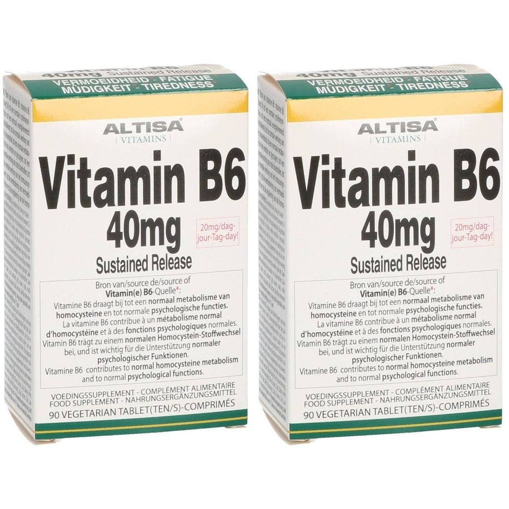 Twee dozen Altisa Vitamine B6. Opschrift: 40mg, Sustained Release. Bevat 90 tabletten. Groen-gele verpakking.