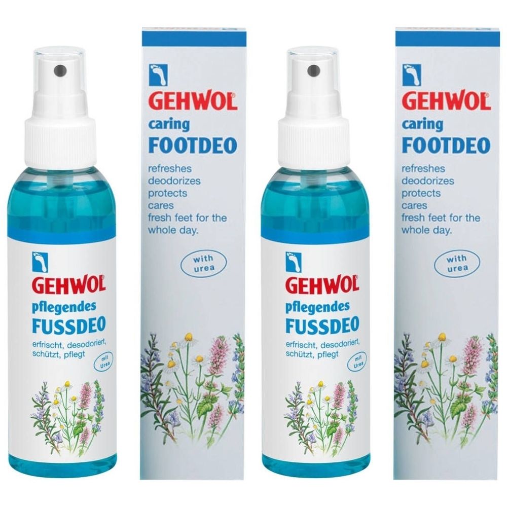 Gehwol Footdeo spray met blauwe vloeistof en witte sproeikop. Verpakking met productnaam en bloemenontwerp.