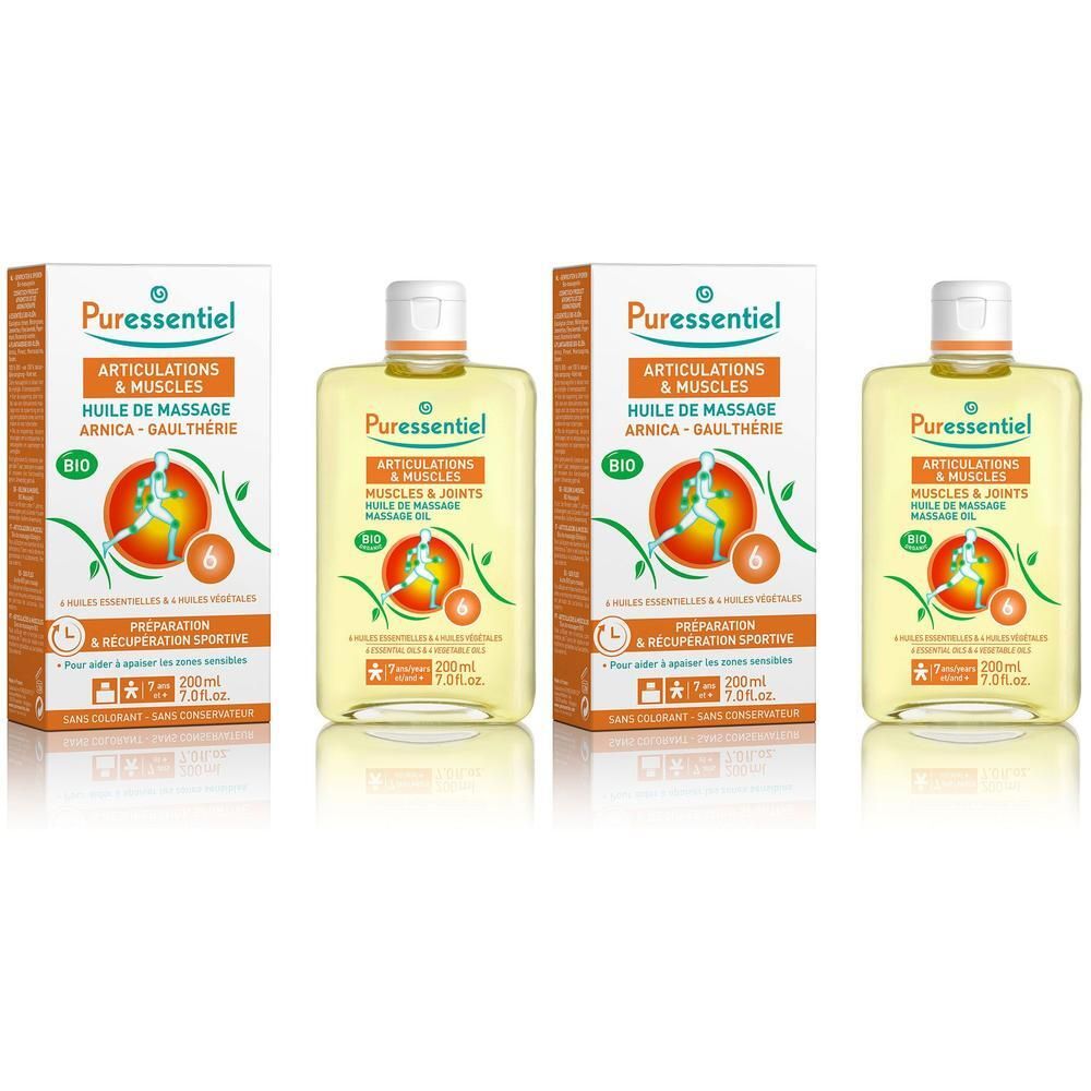 Meerdere flessen en dozen. Opschrift: Articulations & Muscles, Huile de Massage Arnica-Gaulthérie, BIO. Flessen met gele vloeistof.