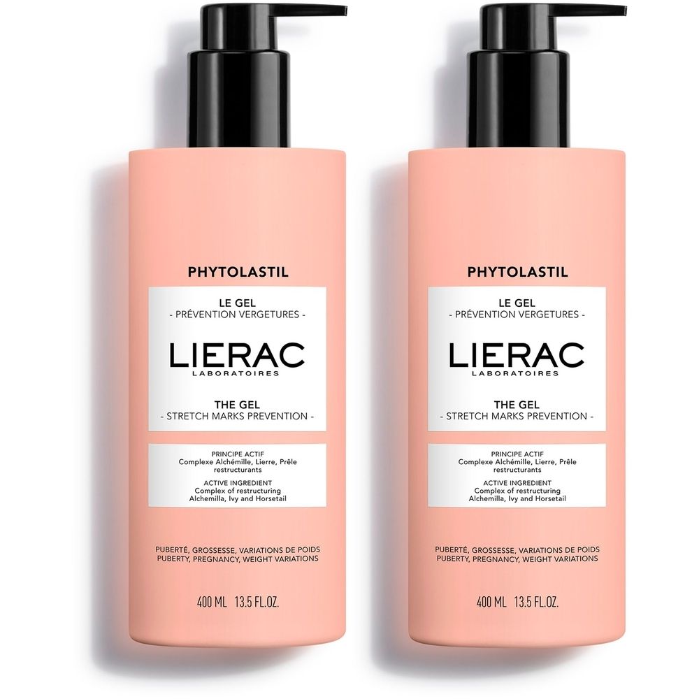 Deux flacons roses avec pompes noires. Sur chaque flacon, on lit "PHYTOLASTIL" et "LIERAC".